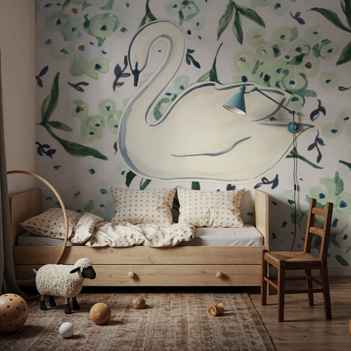 Green Hydrangea Swan Mural Wallpaper - room preview 03