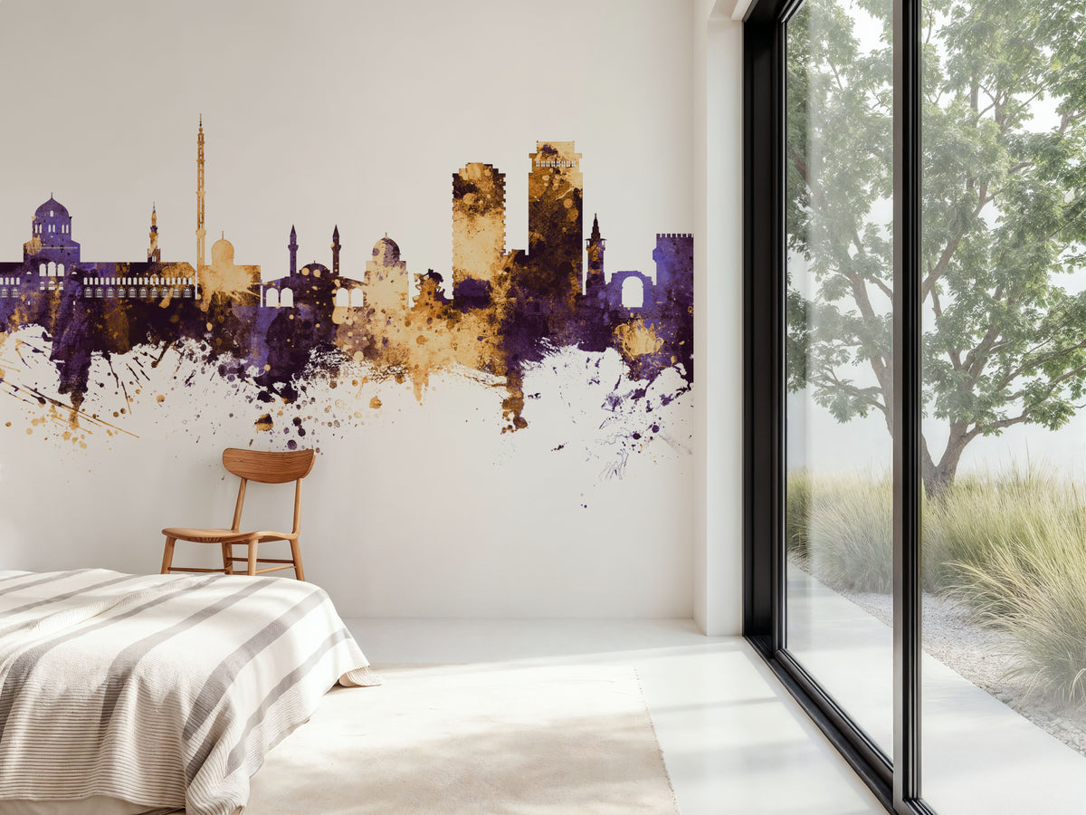 Damascus Syria Skyline Purple & Gold Mural Wallpaper - room preview 03