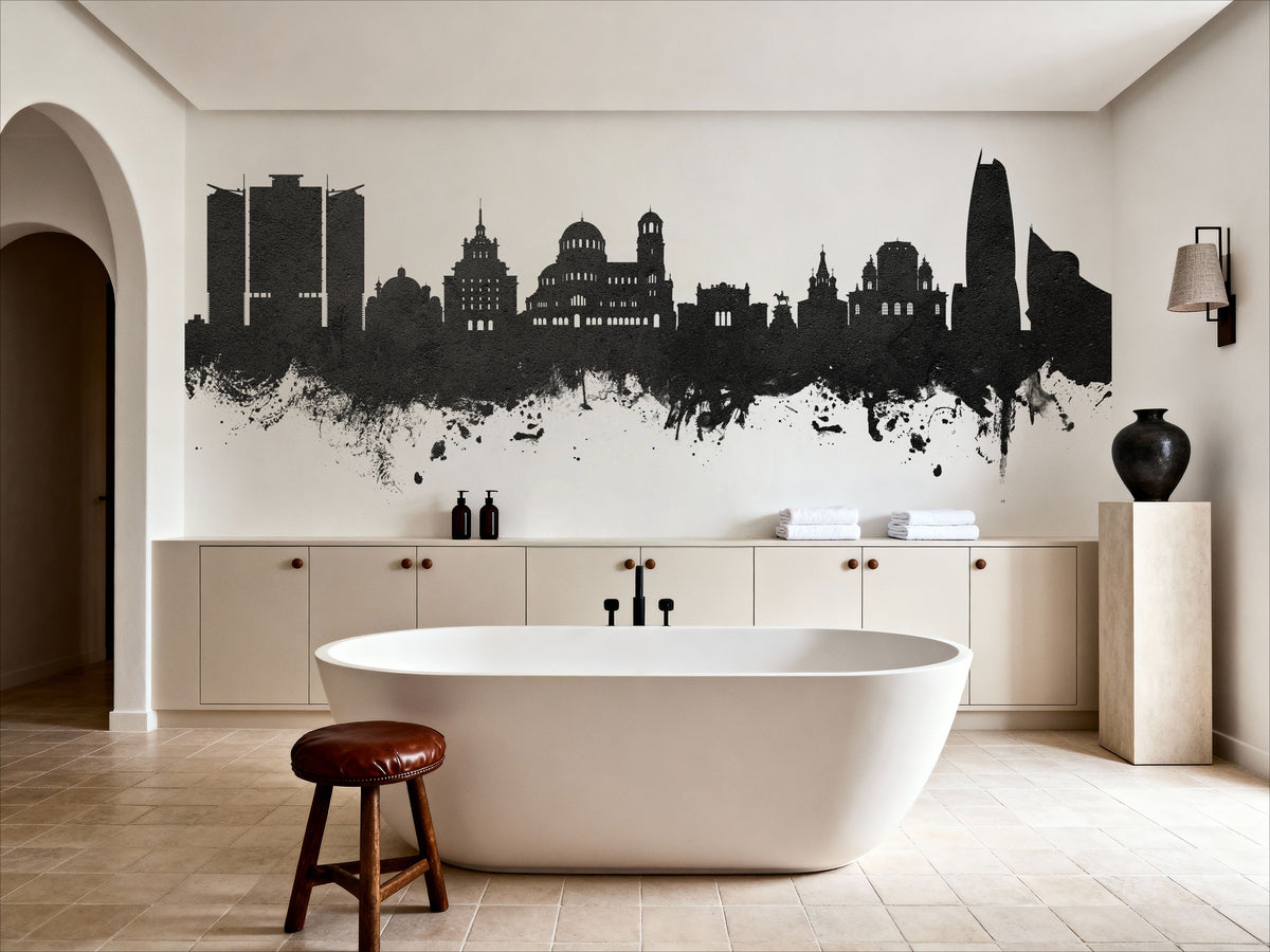 Sofia Bulgaria Skyline Black & White Mural Wallpaper - room preview 03