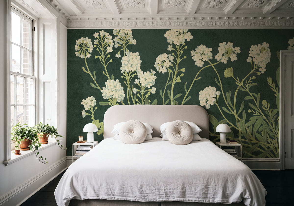 Vintage Flowers on Green Mural Wallpaper - room preview 03