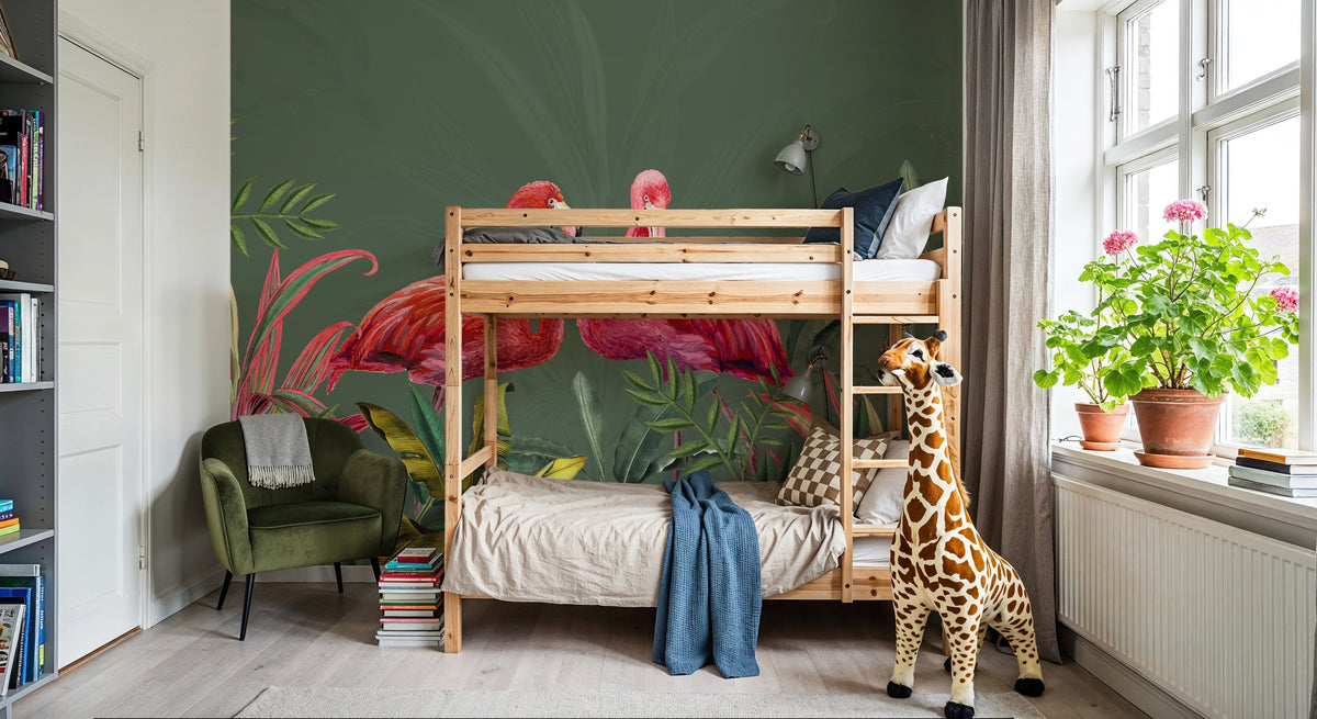 Shy Flamingos Green Mural Wallpaper - room preview 03