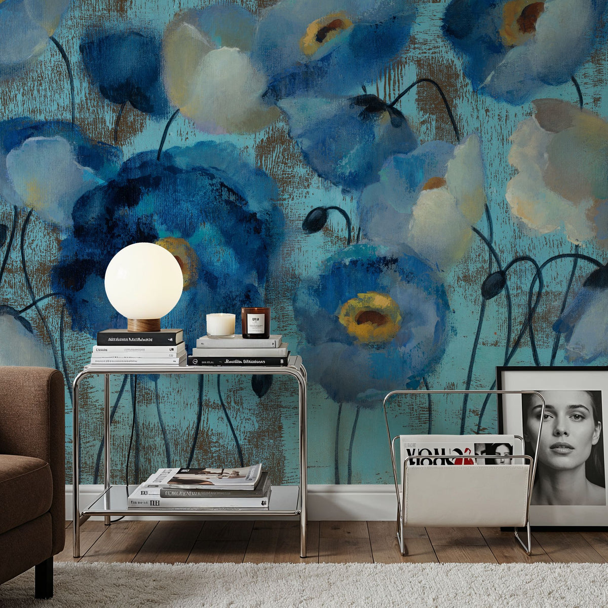 Aquamarine Floral on Blue Mural Wallpaper - room preview 03