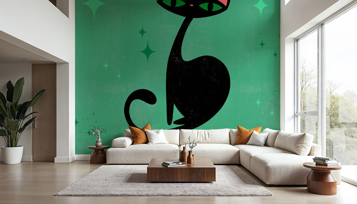 Retro Cat, Green Mural Wallpaper - room preview 03