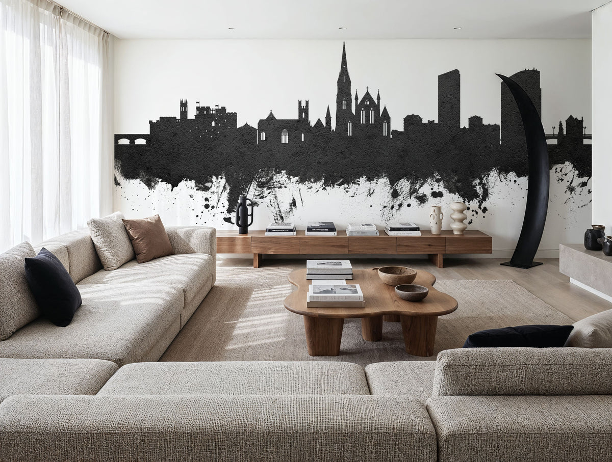 Limerick Ireland Skyline Black & White Mural Wallpaper - room preview 03