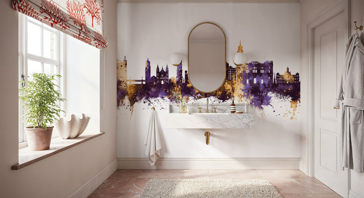 Málaga Spain Skyline Purple & Gold Mural Wallpaper - room preview 03