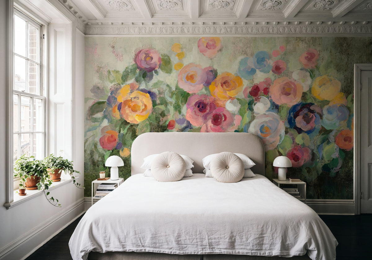 Flowers on Mossy Green Mural Wallpaper - room preview 03