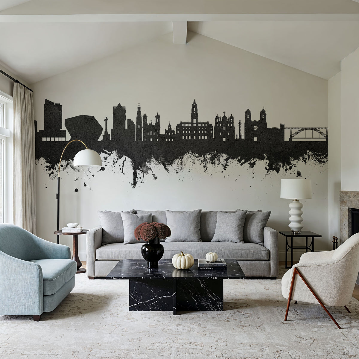 Porto Portugal Skyline Black & White Mural Wallpaper - room preview 03