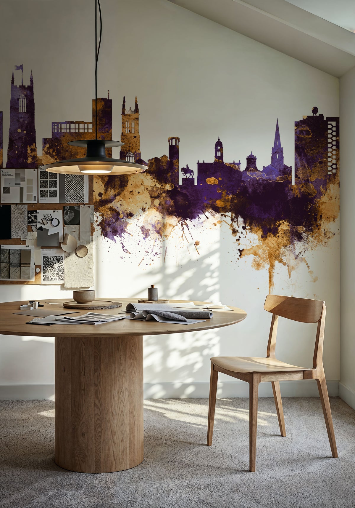 Derby England Skyline Purple & Gold Mural Wallpaper - room preview 03