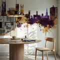 Derby England Skyline Purple & Gold Mural Wallpaper - room preview 03