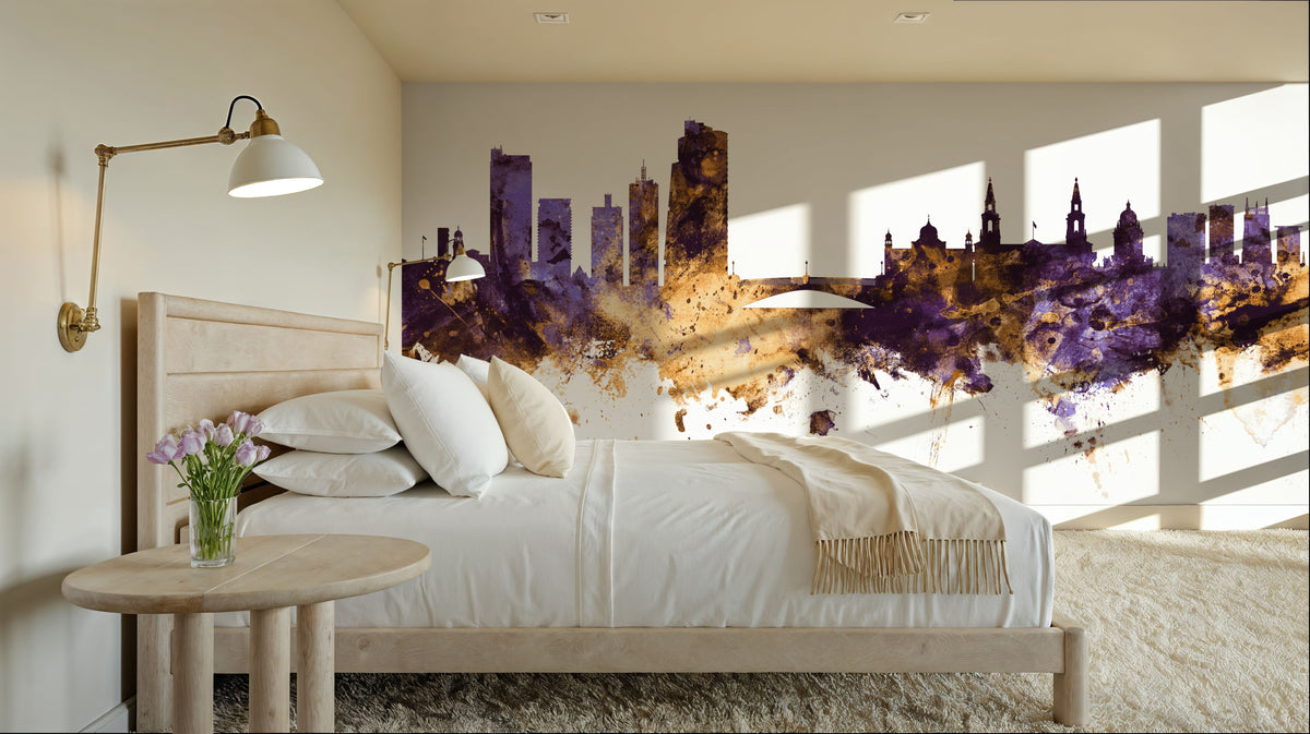 Leeds England Skyline Purple & Gold Mural Wallpaper - room preview 03