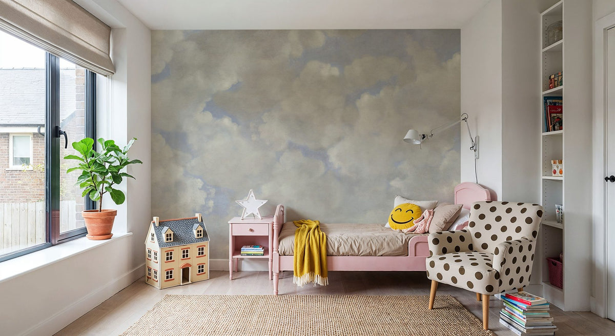 Painted Dreamy Clouds, Vintage Mural Wallpaper - room preview 03