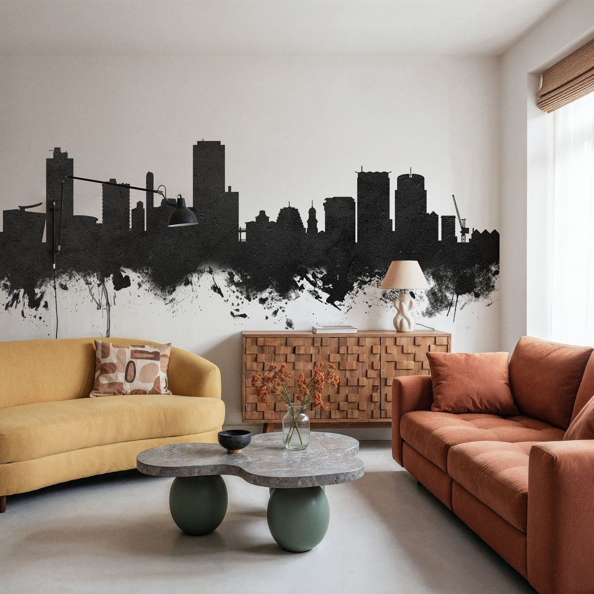 Wellington New Zealand Skyline Blck & White Mural Wallpaper - room preview 03