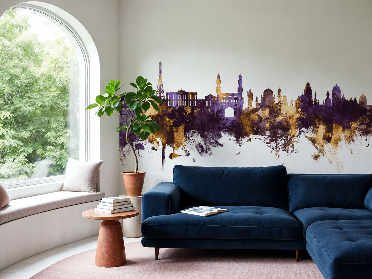 Hyderabad Skyline Purple & Gold Mural Wallpaper - room preview 03