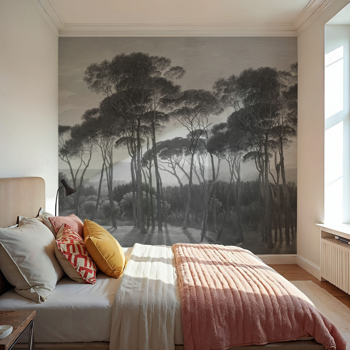 Mediterranean Pine Landscape, Gray Mural Wallpaper - room preview 03