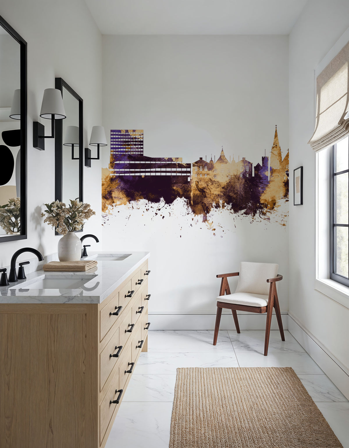 Umeå Skyline Purple & Gold Mural Wallpaper - room preview 03