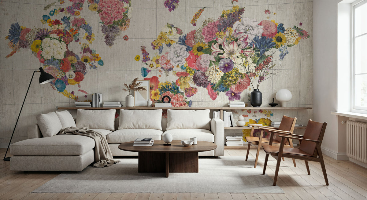Botanical Floral Map Gray No Words Mural Wallpaper - room preview 03