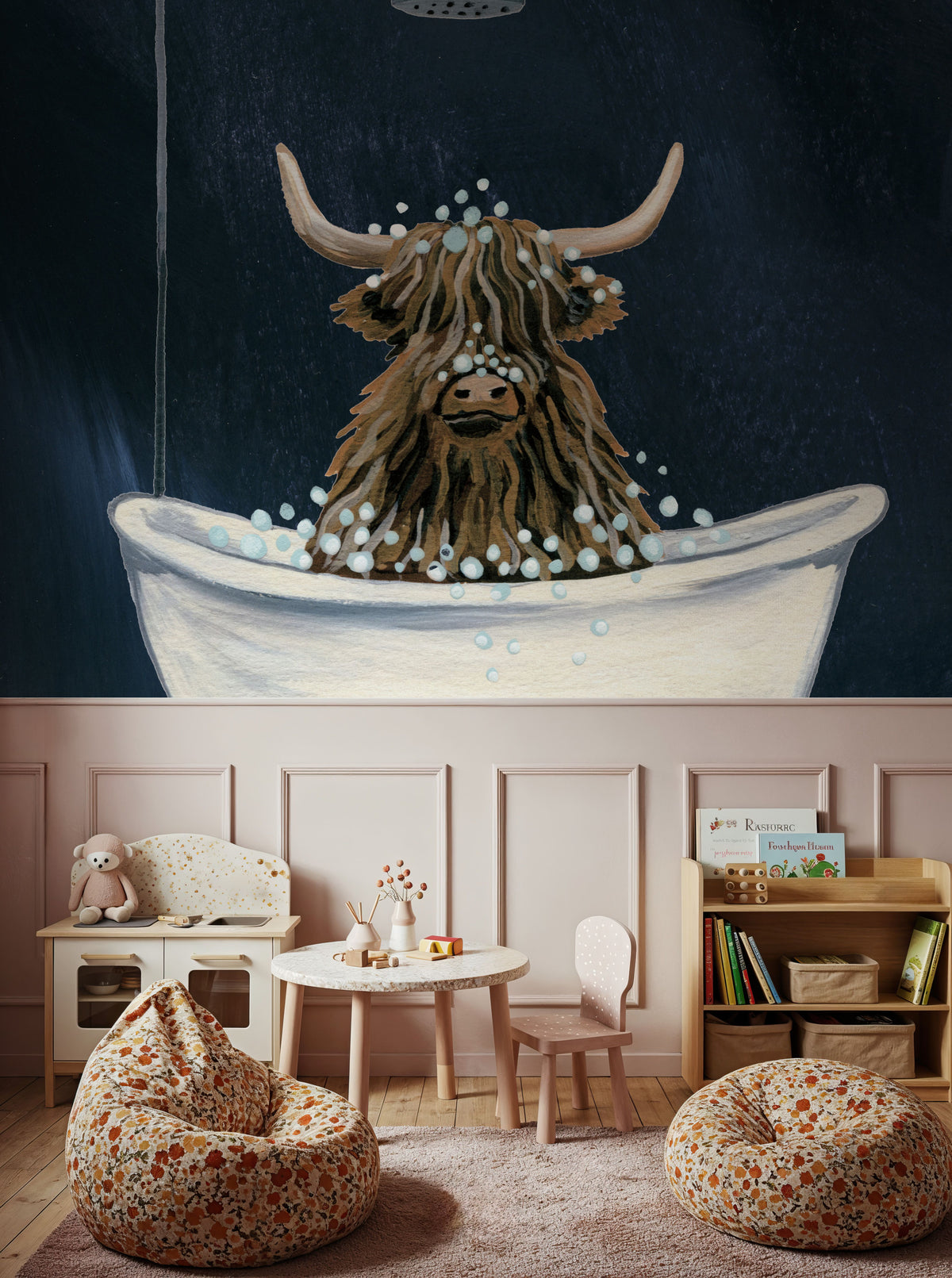 Highland Cow in Tub Texture Light Mural Wallpaper - room preview 03