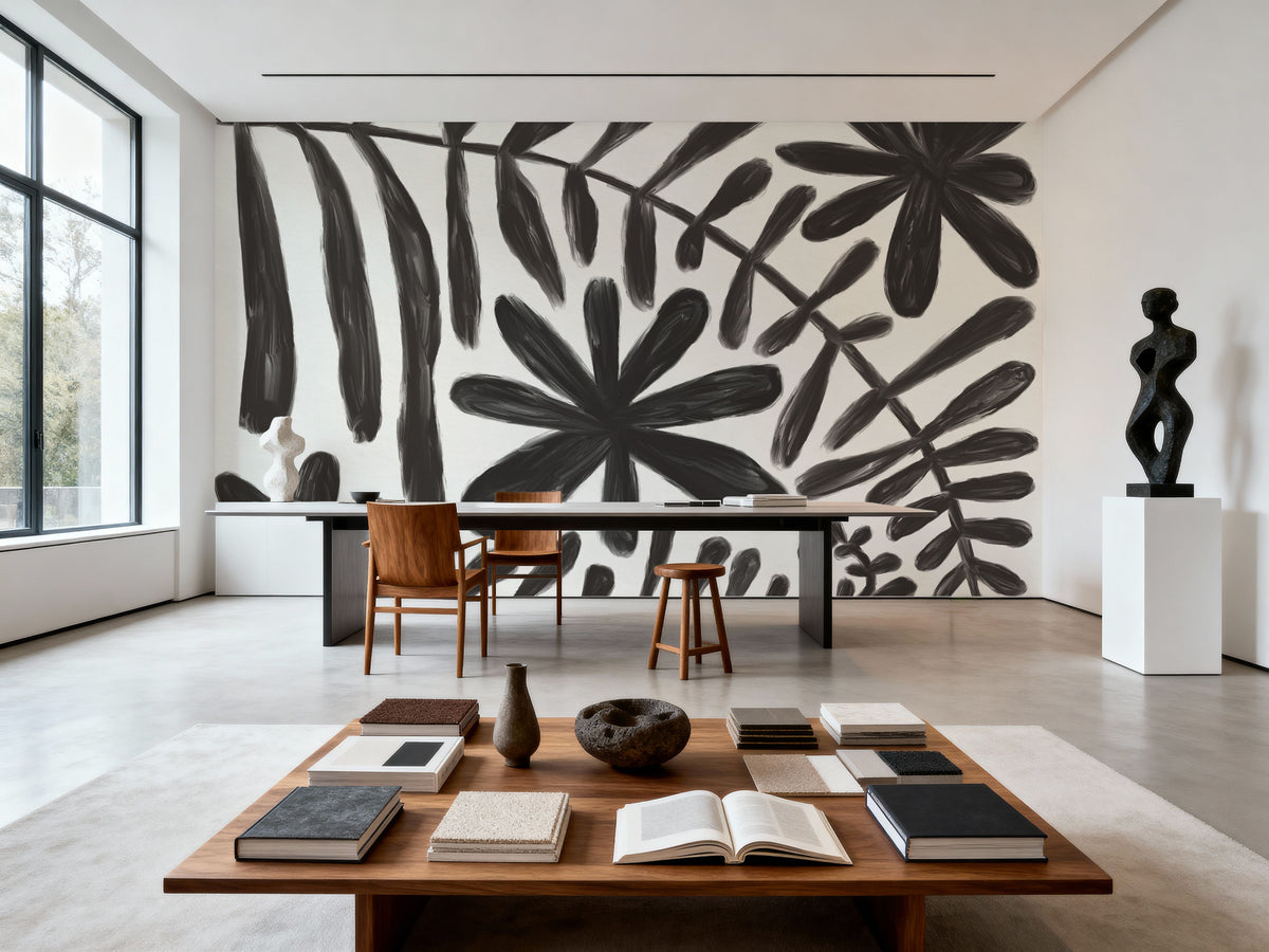 Fern and Flower Black Mural Wallpaper - room preview 03