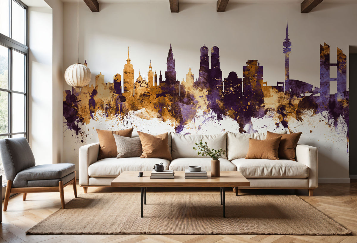 Munich Skyline Purple & Gold Mural Wallpaper - room preview 03