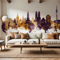 Munich Skyline Purple & Gold Mural Wallpaper - room preview 03