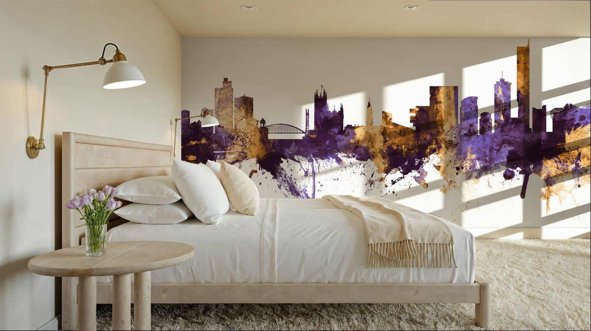 Manchester England Skyline Purple & Gold Mural Wallpaper - room preview 03