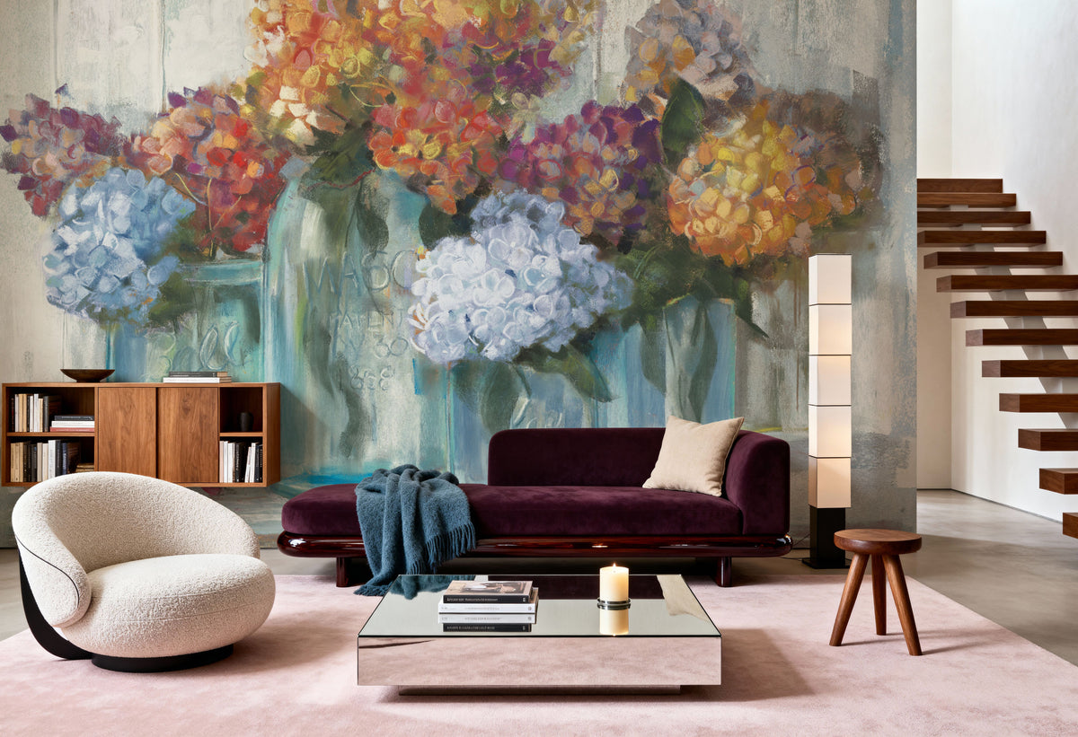 Hydrangeas in Glass Jars Blue Mural Wallpaper - room preview 03