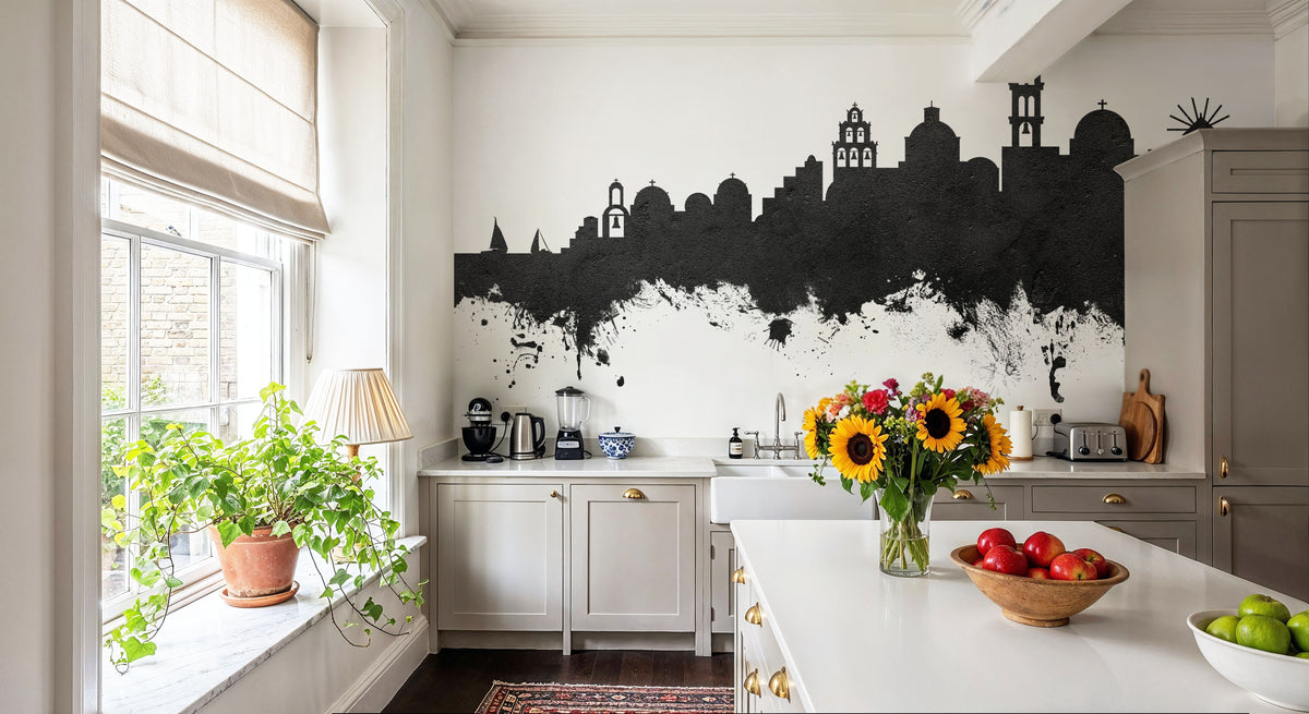 Santorini Skyline Black & White Mural Wallpaper - room preview 03
