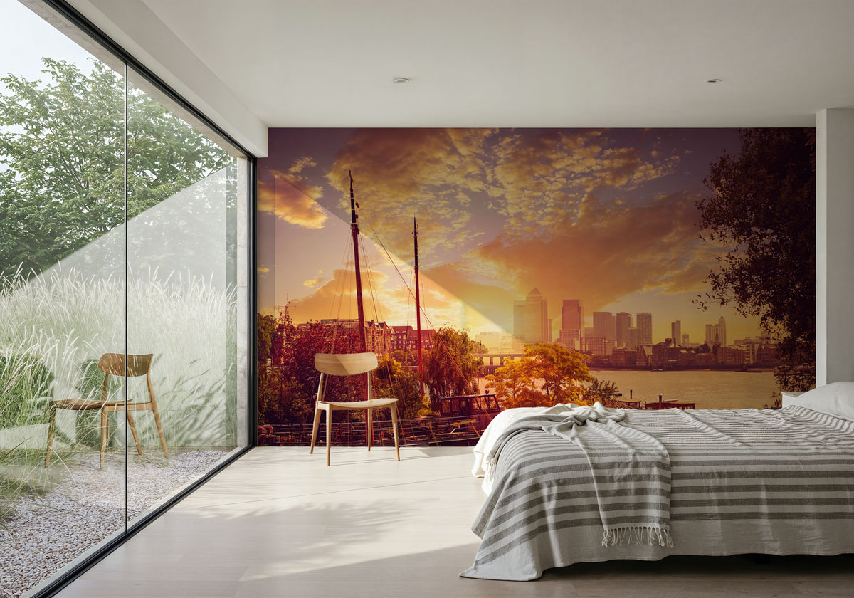 Golden Boat Metropolis Dusk Mural Wallpaper - room preview 03
