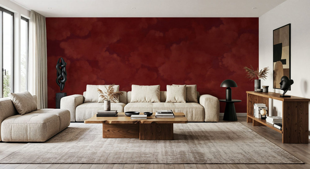 Painted Dreamy Clouds, Cherry Red Mural Wallpaper - room preview 03