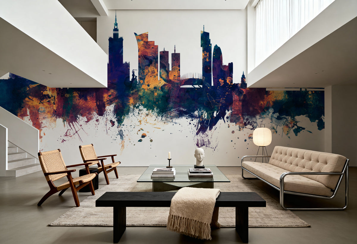 Warsaw Poland Skyline Blue & Bronze Mural Wallpaper - room preview 03