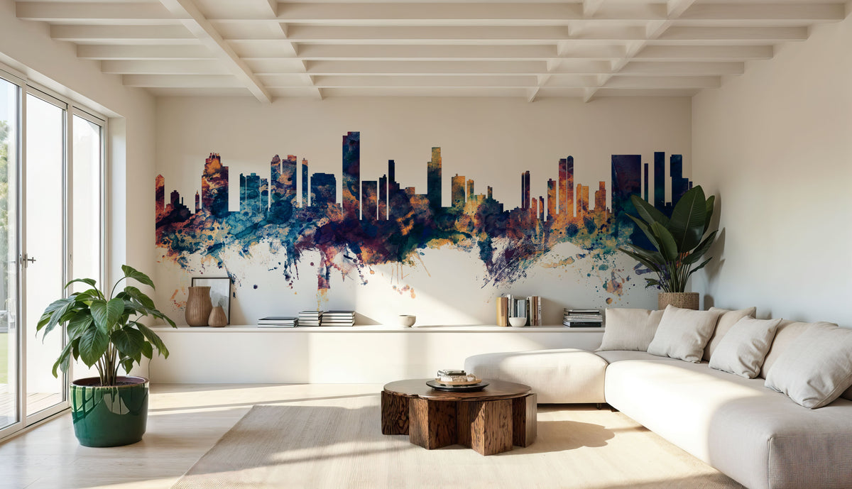 Honolulu Hawaii Skyline Blue & Bronze Mural Wallpaper - room preview 03