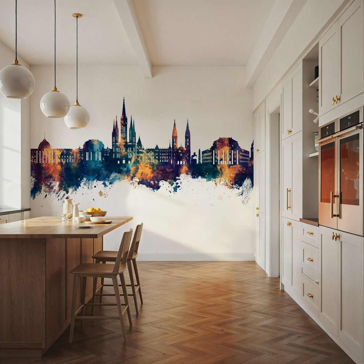 Weisbaden Germany Skyline Blue & Bronze Mural Wallpaper - room preview 03