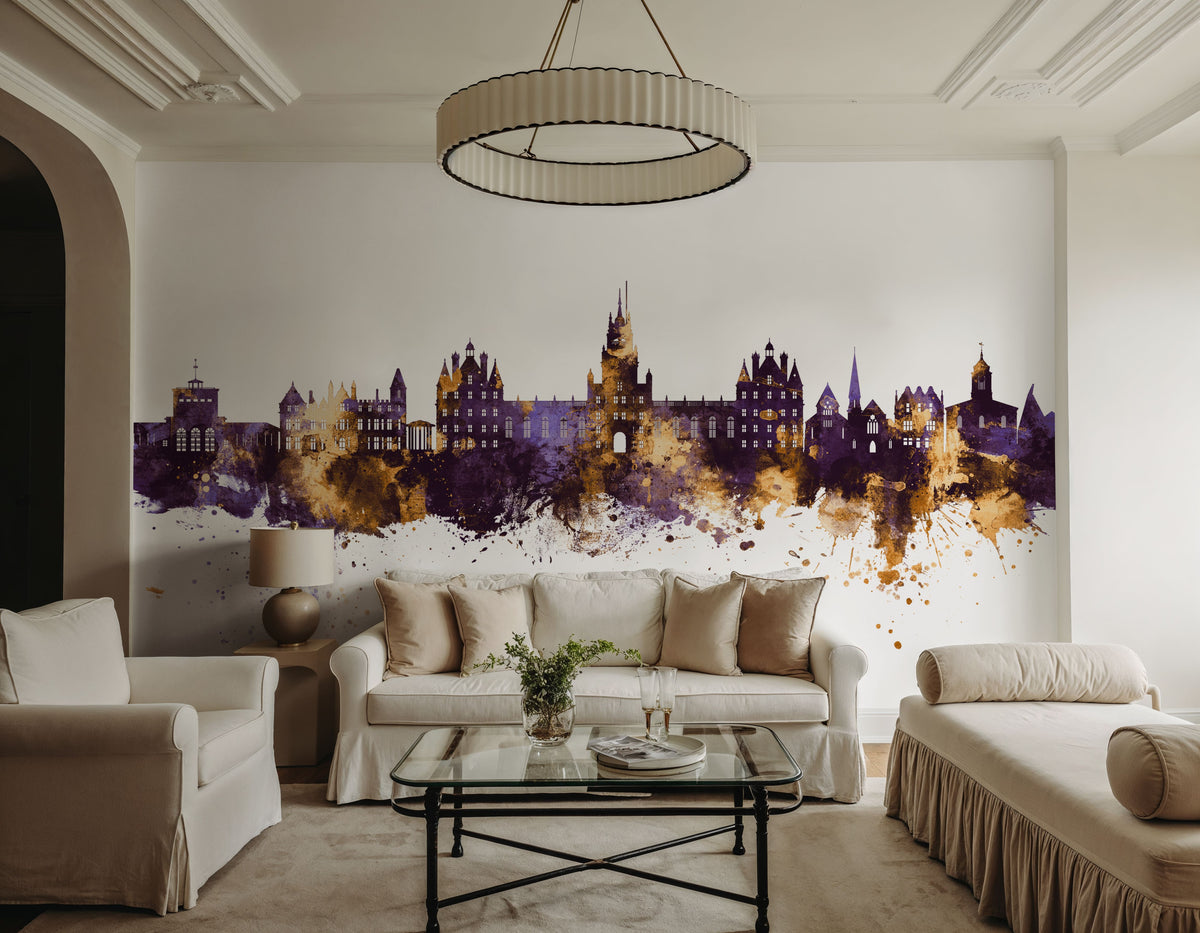 Egham England Skyline Purple & Gold Mural Wallpaper - room preview 03