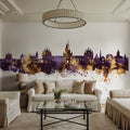 Egham England Skyline Purple & Gold Mural Wallpaper - room preview 03
