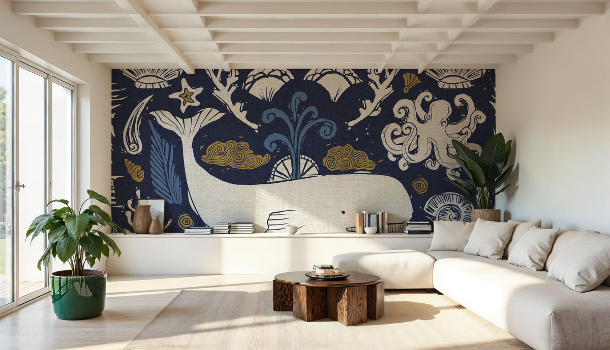 Whale Seas Blue Mural Wallpaper - room preview 03
