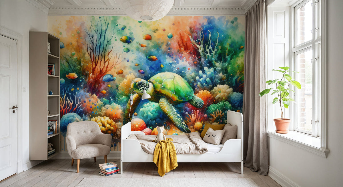 Undersea Encounter Turtle Meets Fish Mural Wallpaper - room preview 03