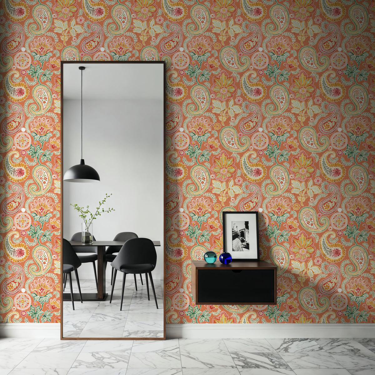 Harvest Paisley Mini Orange Mural Wallpaper - room preview 03