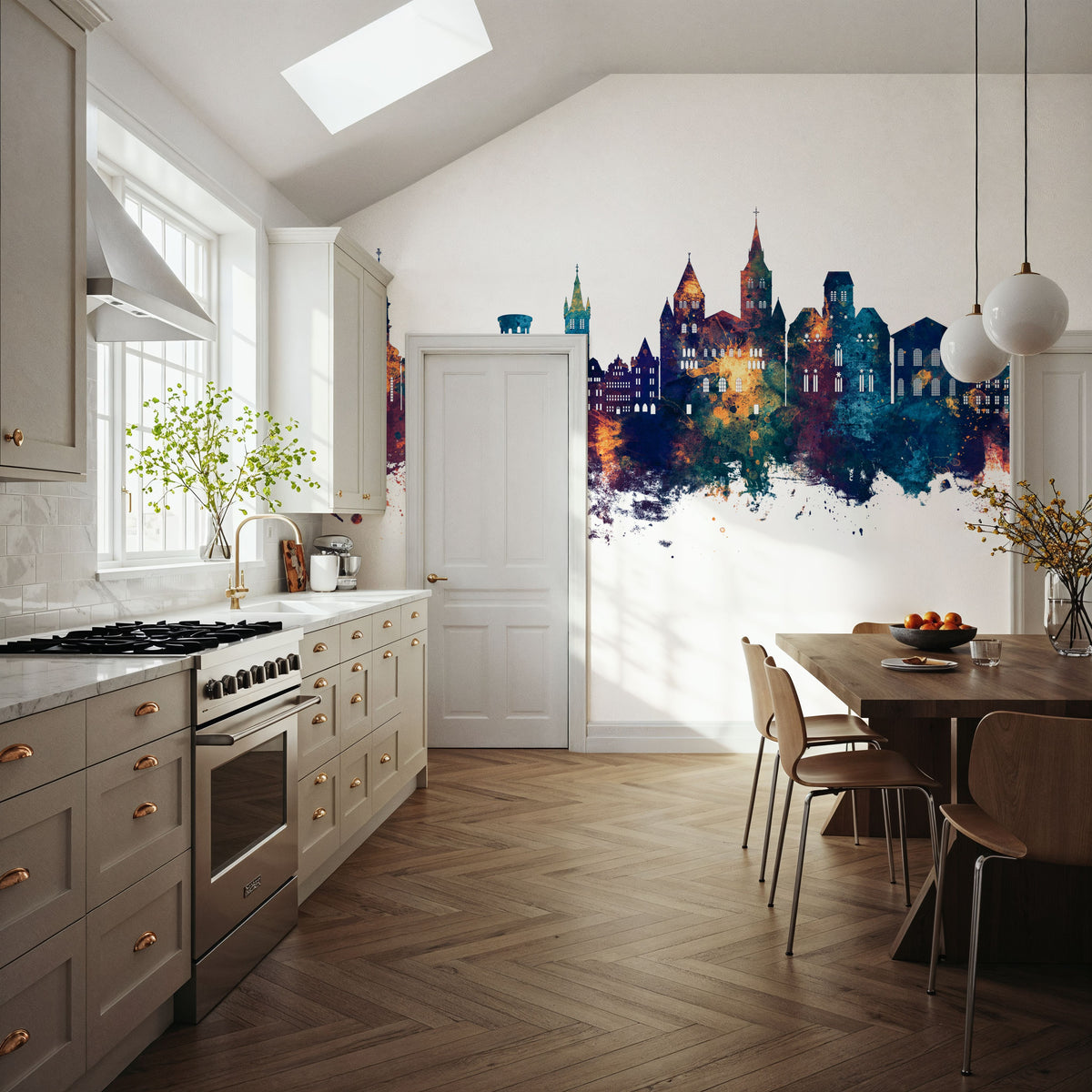 Trier Germany Skyline Blue & Bronze Mural Wallpaper - room preview 03