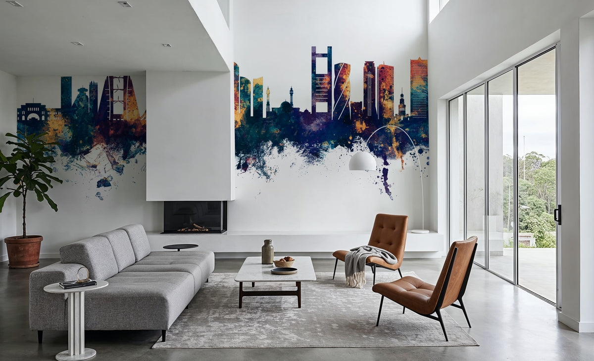 Manama Skyline Blue & Bronze Mural Wallpaper - room preview 03