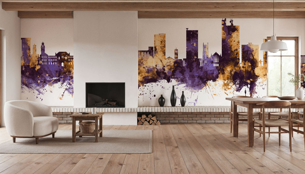 Lubbock Texas Skyline Purple & Gold Mural Wallpaper - room preview 03