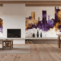 Lubbock Texas Skyline Purple & Gold Mural Wallpaper - room preview 03