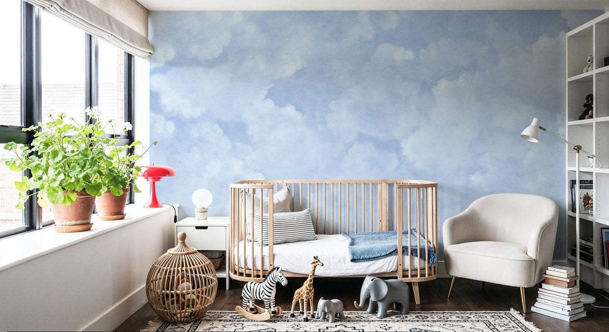 Painted Dreamy Clouds, Bright Blue Mural Wallpaper - room preview 03