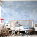 Painted Dreamy Clouds, Bright Blue Mural Wallpaper - room preview 03
