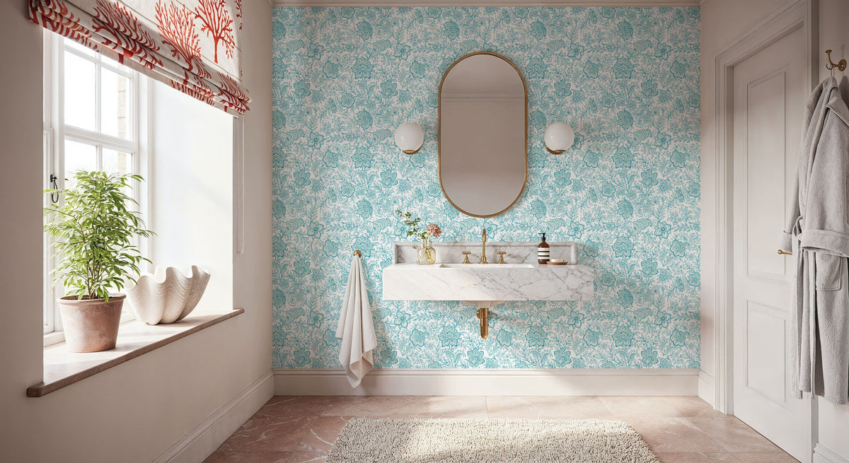Kala Flowers Turqouise on White Mural Wallpaper - room preview 03