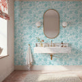 Kala Flowers Turqouise on White Mural Wallpaper - room preview 03