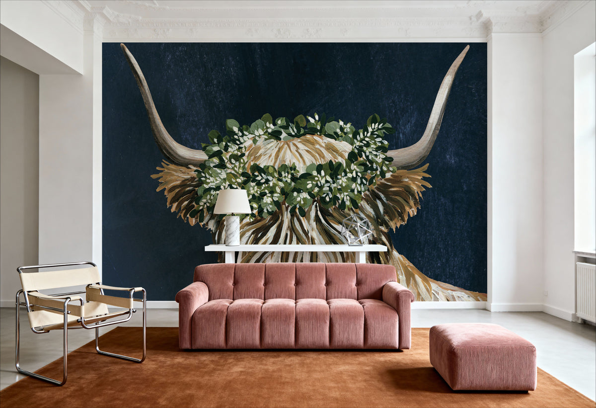 Harvest Cow Sage Texture Dark Mural Wallpaper - room preview 03