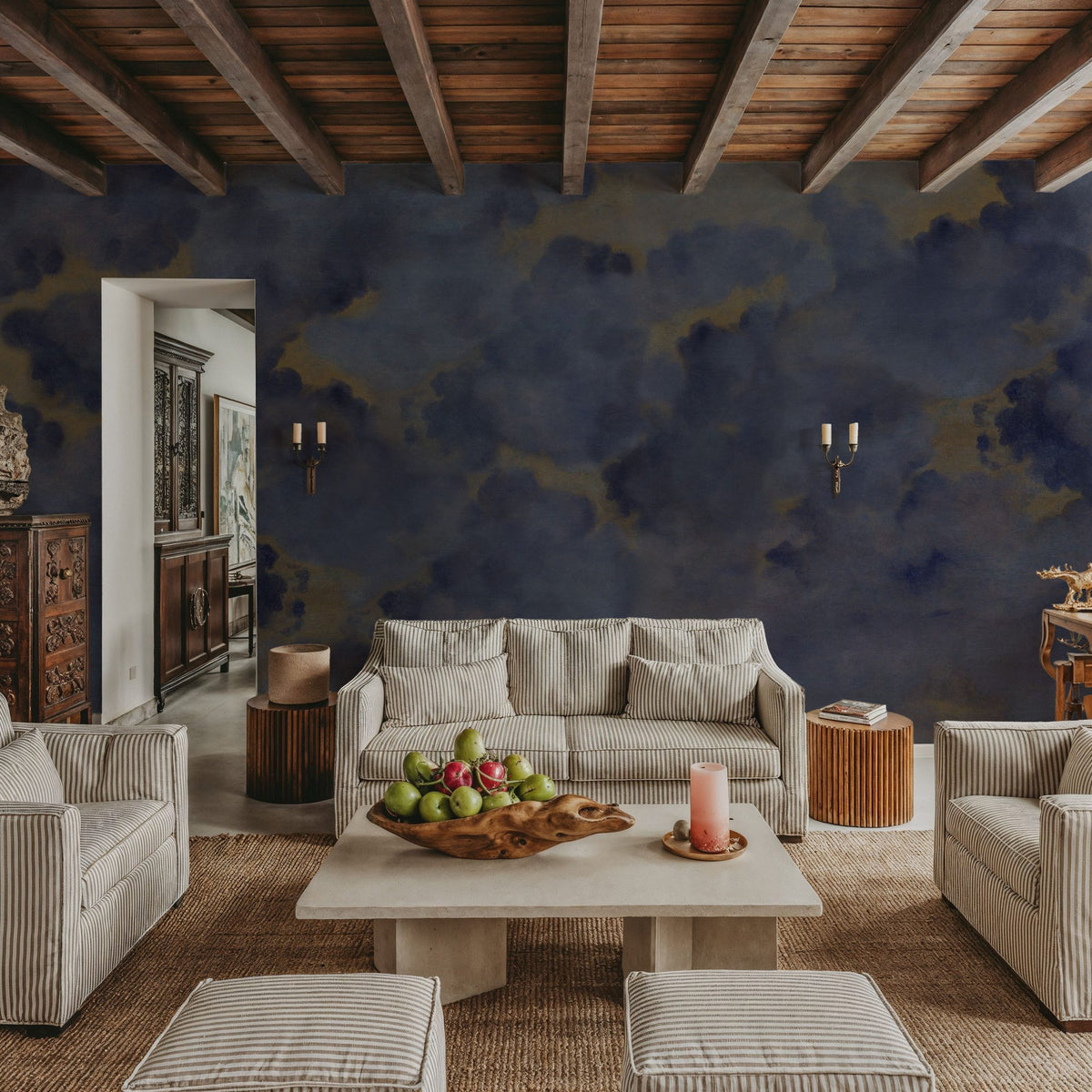 Painted Dreamy Clouds, Indigo Mural Wallpaper - room preview 03