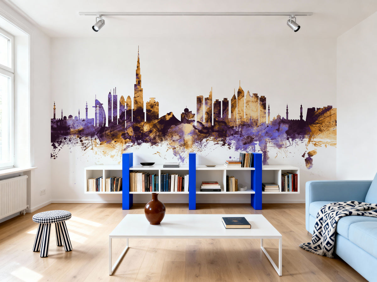 Dubai Skyline Purple & Gold Mural Wallpaper - room preview 03