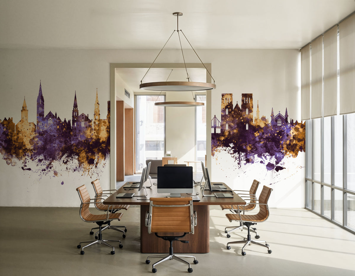 Inverness Scotland Skyline Purple & Gold Mural Wallpaper - room preview 03