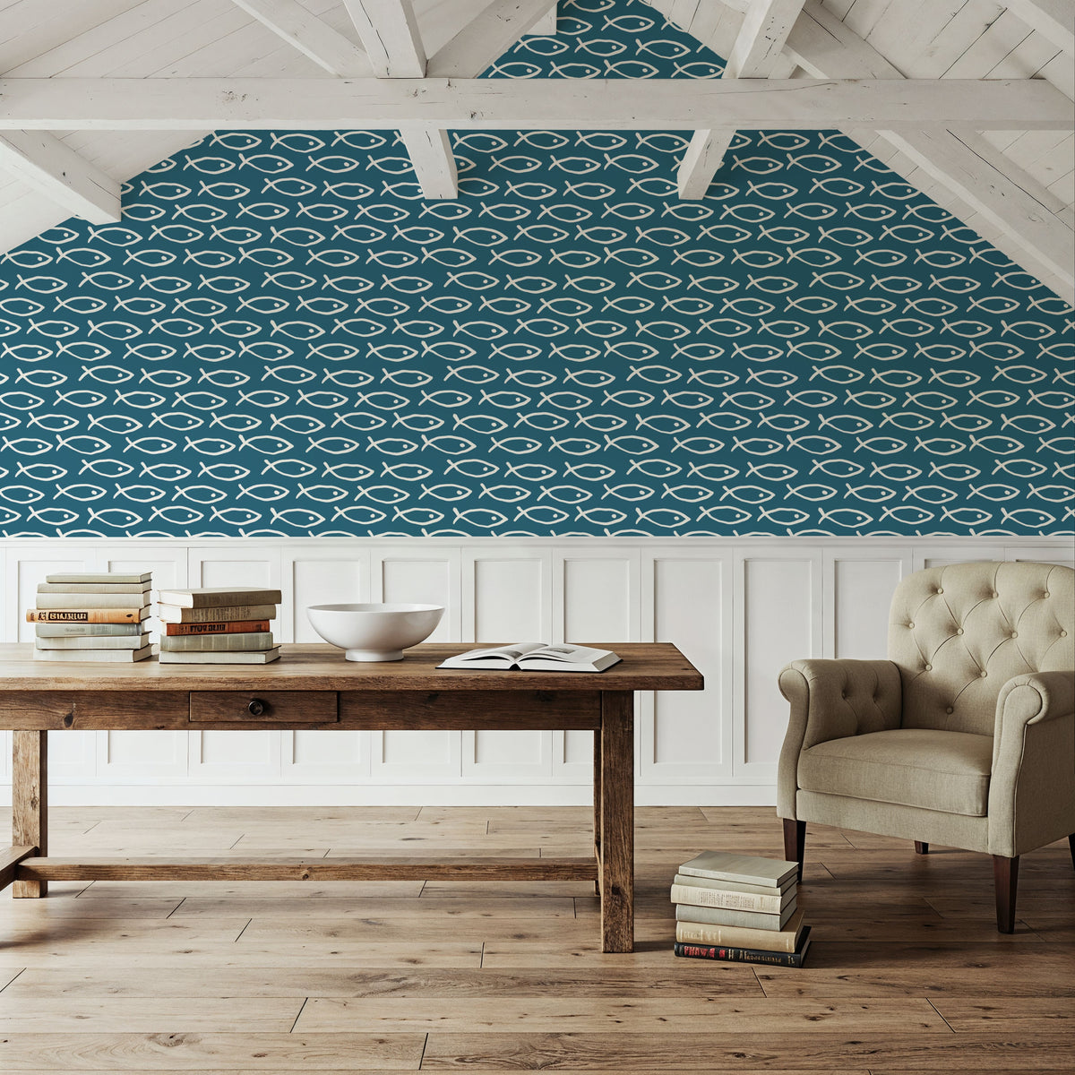 Seaside Fish Dark Blue Mural Wallpaper - room preview 03